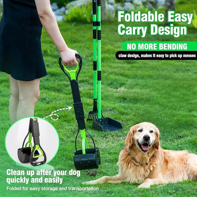 MXF Dog Pooer Scooper Set, 2 in 1 Pet Poop Scooper with Long Handle 28" Dog Poop Picker Upper and Stainless Metal Tray & Rake for Medium & Small Dogs, Heavy Duty for Grass, Dirt, Gravel