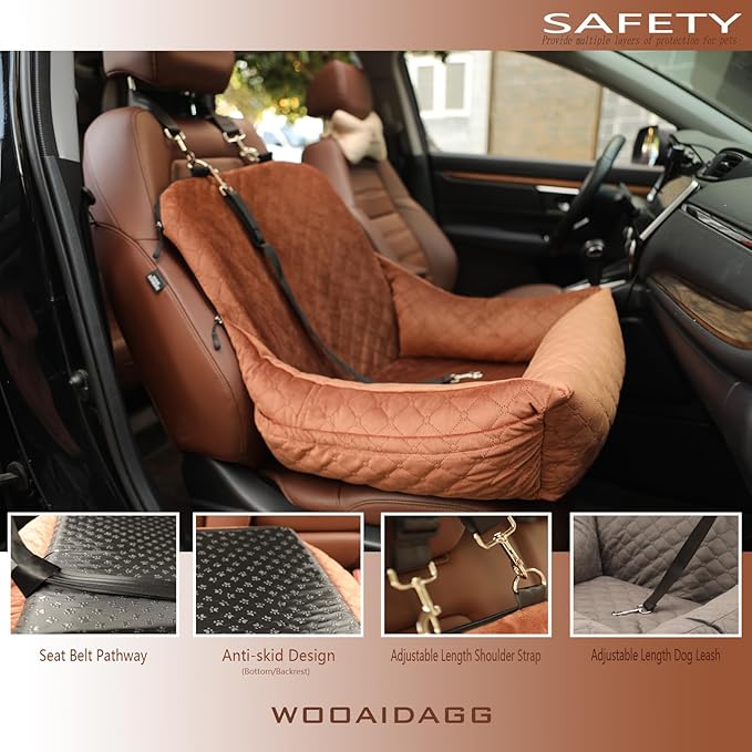 Dog Car Seat for Small Dogs,Covered Soft Fabric and Fill in Memory Foam,Easy to Assemble and Fully Detachable,2 Clip-On Safety Leashes and Storage Pockets(Brown)
