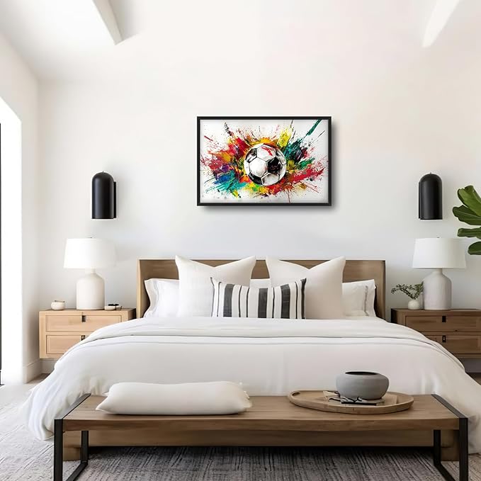Extra Large Framed Soccer Wall Art,Oversized Colorful Graffiti Sport Ball Wall Decor Pictures for Living Room,Canvas Print Painting Modern Artwork Bedroom Office Bathroom Home Decor 36L x24W