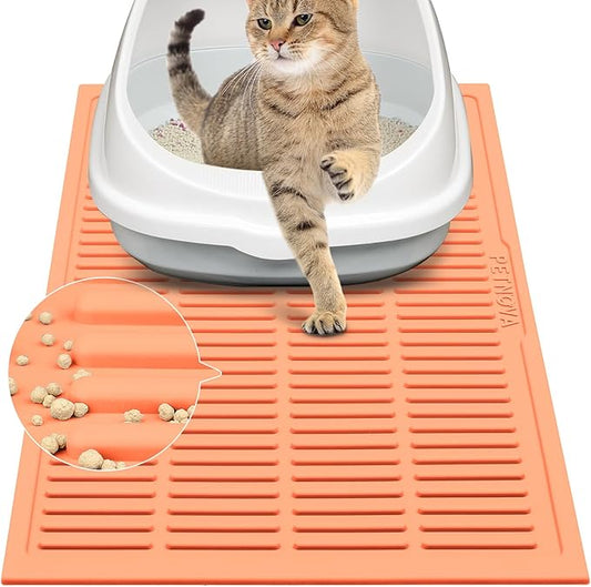 Rubber Litter Box Mat: Cute Cat Litter Trapping Mat - Peach Pink Easy Clean Kitty Litter Catcher Mat for Floor - Waterproof Litter Tracking Mat (24” x 15”)