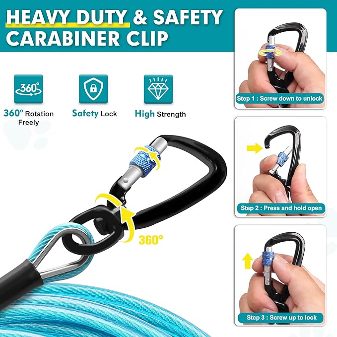 Snagle Paw Heavy Duty Long Dog Leads for Yard 150FT-1000LBS Break Strength,Dog Tie Out Cable with Swivel Lockable Hook & Spring,Chew Proof Dog Chain for Outside,Dog Run Cable for Medium Large Dogs