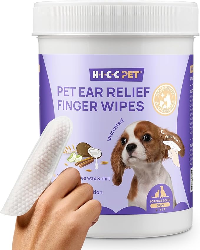 HICC PET Dog Ear Finger Wipes, Ear Cleaner Wipes for Dogs & Cats, Dog Ear Infection Treatment to Relief Itching & Inflammation, Remove Wax, Dirt & Stop Smelly, Non-Irritating, 50ct(Unscented)