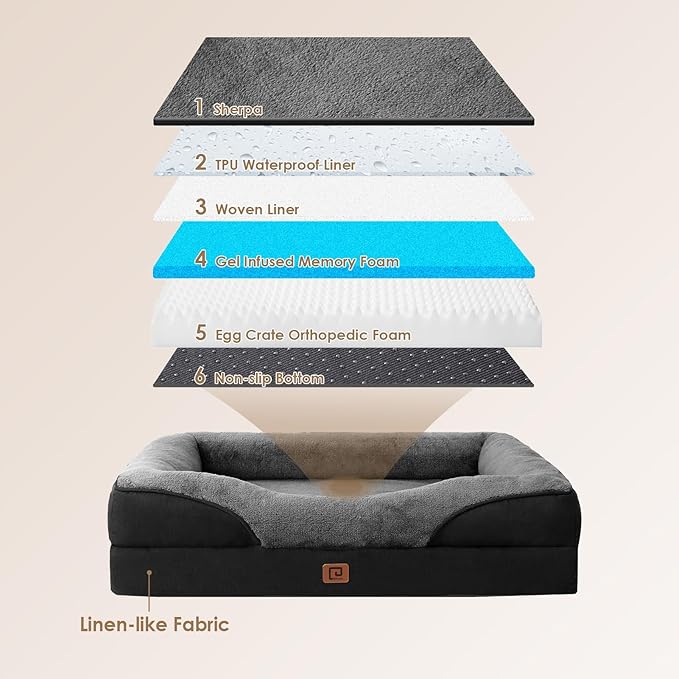 EHEYCIGA Memory Foam XL Dog Bed for XLarge Sized, Extra Large Orthopedic Dog Sofa with Sides and Waterproof Liner, Washable Bolster Pet Bed Couch with Removable Cover, 42x30x7.5 Inch, Grey/Black