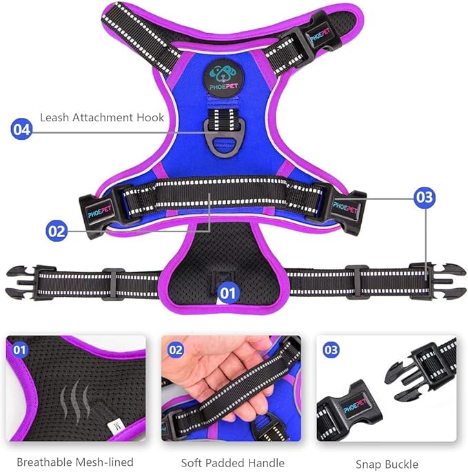 PHOEPET 2019 Upgraded No Pull Dog Harness, Reflective Adjustable Vest, with a Training Handle + 2 Metal Leash Hooks+ 3 Snap Buckles +4 Slide Buckles(XL, Royal Blue)