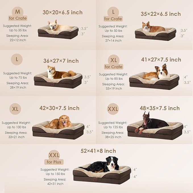EHEYCIGA Memory Foam Dog Bed for Medium Size, Orthopedic Dog Sofa with Sides and Waterproof Liner, Washable Bolster Pet Couch with Removable Cover, 35x22x6.5 Inch, Brown