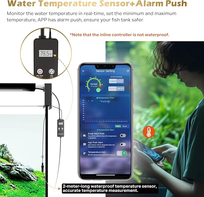 GLOWRIUM Smart Aquarium Light, Bluetooth + WiFi Dual Control Freshwater Fish Tank Light with App, Multi-preset Spectrum, Brightness Adjustable, Anti-Drop, Real Time Water Temperature Sensor (24-36 in)