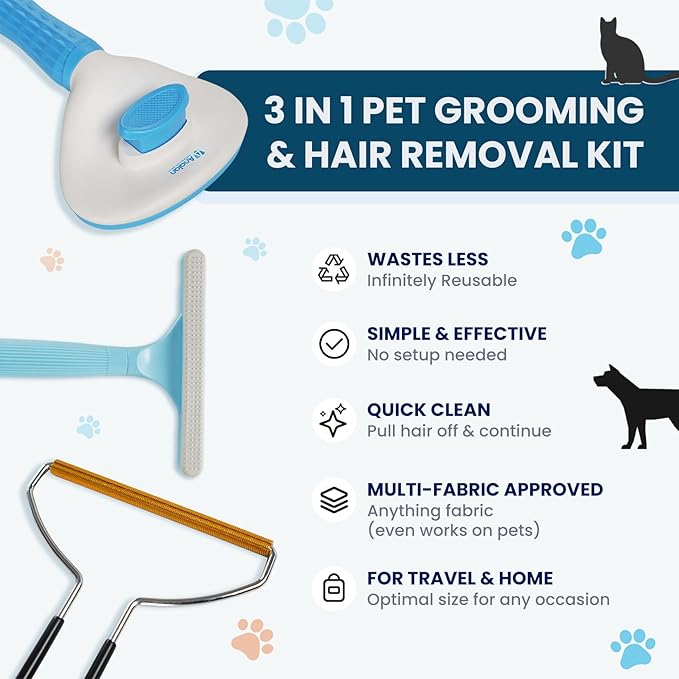3 in 1 Analan Cat Brush Pet Hair Remover for Dog & Cat, Self-Cleaning Slicker Brush for Pet Grooming, Perfect Pet Hair Removal Tool for Furniture Carpets Couches and Bedding (Sky Blue)