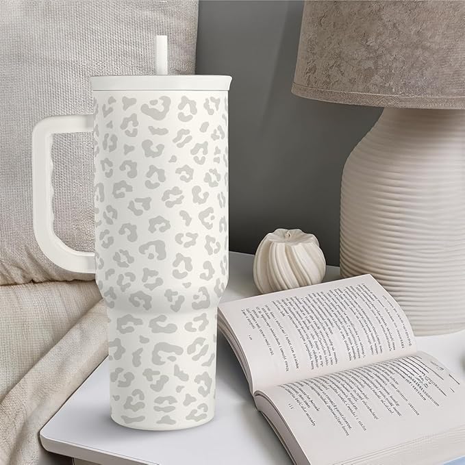 SANDJEST Leopard Tumbler with Handle, Insulated Cup Stainless Steel Travel Mug Cup, Gifts for Women Girl on Birthday Christmas, Cream Leopard, 40oz
