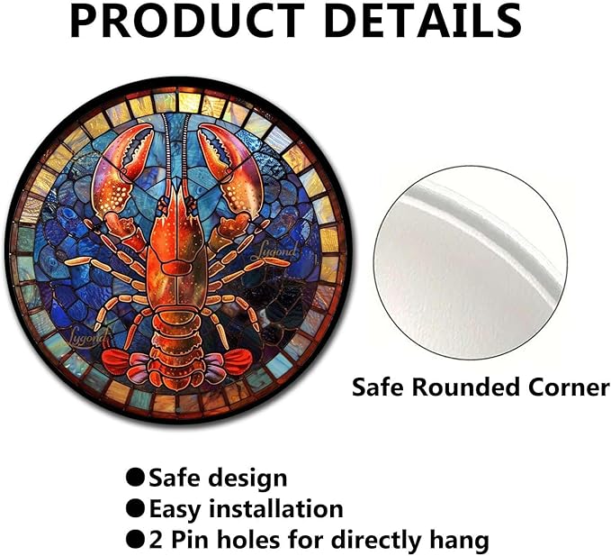 Lygond Metal Sign Tin Sign Circular Stained Glass Lobster Gardening Decor Gift for Garage 12×12 Inches
