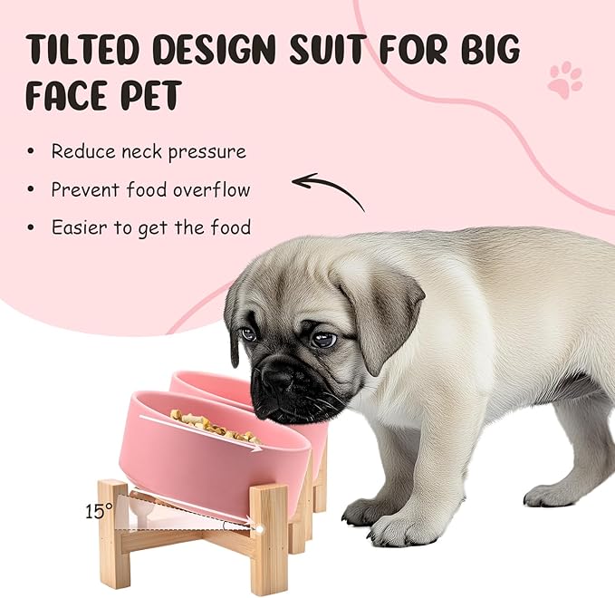 SPUNKYJUNKY 15° Slanted Ceramic Dog and Cat Bowl with Wooden Stand, Tilted Bulldog Food and Water Bowl No Slip Non-Spill for Cats Medium Dogs Big Face Pets 13.5 OZ (1.7 Cups, Pink × 2)