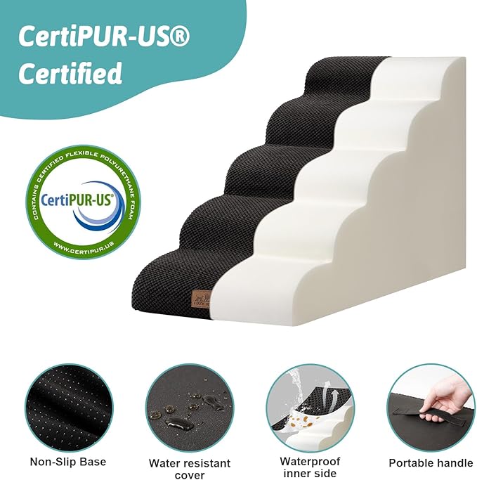 Dog Stairs for High Bed 22.6" H, Small Dog Step for Puppy, Older or Cat, Curved Ramp for Car, Ladder with High Density Foam, Lightweight, Durable, 15.7x33x22.6 inch, 5 Step, Black