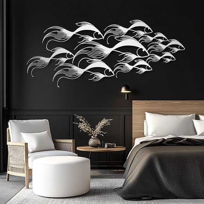 School of Fish Metal Wall Art, Metal Fish Wall Decor, Sea Life Wall Art, Large Nautical Wall Hanging, Modern Beach House Wall Decor, Ocean Themed Artwork for Bathroom (White, 35"x15" | 90x38cm)