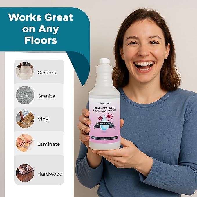 Steam & Go Deminerilized Water - Multi-Surface Cleaner for Steam Cleaners, Hardwood Floors, Kitchens, & Bathrooms - Germ-Killing Formula - Hotel California Scent - 32 Ounces (Pack of 6)