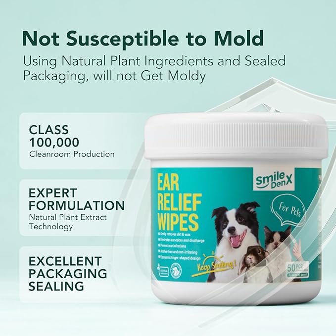 Dog Ear Cleaner Wipes, Dog Ear Infection Treatment, Dog Ear Cleaner, Fast Relief from Ear Itching and Inflammation, Cat Ear Wipes, Gently Remove Ear Wax Debris and Smelly (50 Pcs, Unscented)