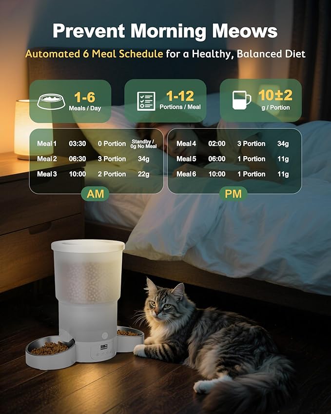 Gimars 5L Automatic Cat Feeder for 2 Cats, Programmable 1-6 Meals Cat Food Dispenser with Stainless Steel Bowl, Easy Setup, Dual Power Supply,10s Meal Call Timed Pet Feeder for Cats and Small Dogs