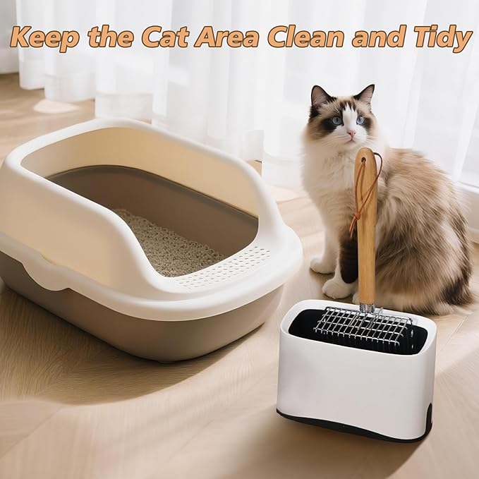 Metal Cat Litter Scoop with Holder, Poop Scooper with Stand and 2 Rolls of Garbage Bags, Heavy Duty Stainless Steel Shovel with Wooden, Quick Sifter for Easy Cleaning (Long handle-9.8" with Holder)