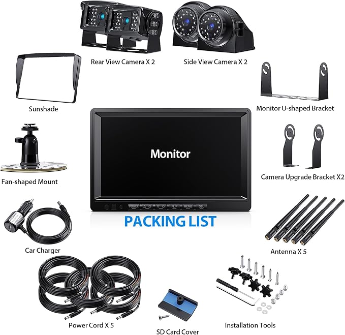 9" Wireless Backup Camera System for RV Truck Trailer Camper, 9 Inch DVR Quad Split Monitor IP69 Waterproof HD 1080P Wireless Rear Side View Cameras, Stable Signal Observation System - B904