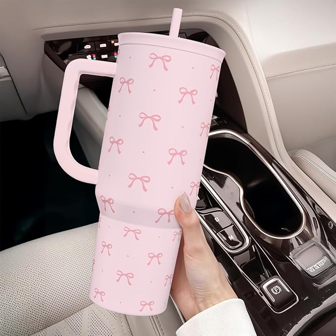 SANDJEST Gift for Women Girls - Coquette Bow Stainless Steel Tumbler with Handle, Travel Coffee Mug - Gifts for Birthday Christmas, 40oz