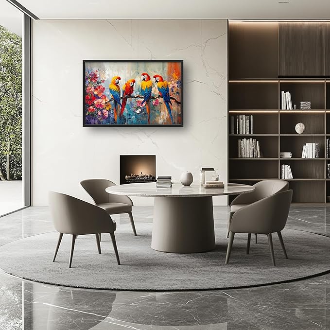 Extra Large Framed Parrot Bird Wall Art,Oversized Abstract Colorful Parrots Flower Wall Decor Pictures for Living Room,Canvas Print Painting Modern Artwork Bedroom Office Bathroom Home Decor 36L x24W