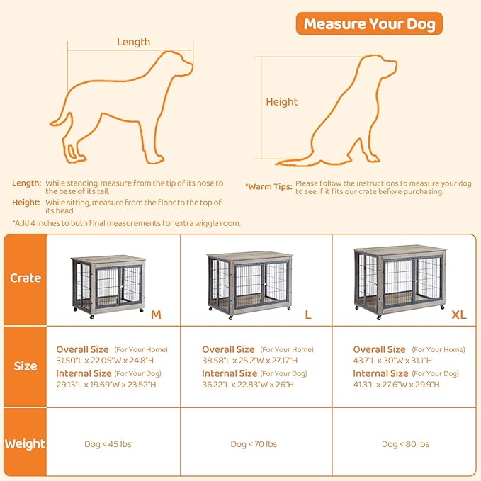 IchbinGo Dog Crate Furniture, Wooden Dog Crate Table, 43.7" Dog Kennel with 3 Doors, Flip-up Top Opening and Wheels, Decorative Pet Crate House for Large/Medium/Small Dog Indoor Use(Rustic Grey)