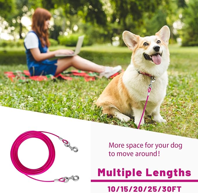 Dog Tie Out Cable 10/15/20/25/30 FT Runner for Yard Steel Wire Cable with Durable Superior Clips Pink Chains for Outside Dog Lead for Large Up to 165 Lbs