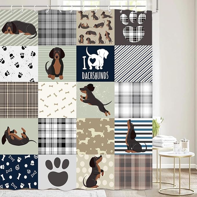 Sausage Dog Shower Curtain Set，Dachshund Grey Brown Grid Fun Animals Bathroom Decoration，Polyester Fabric Waterproof Bath Curtain 72x72 Inch with 12 Hooks