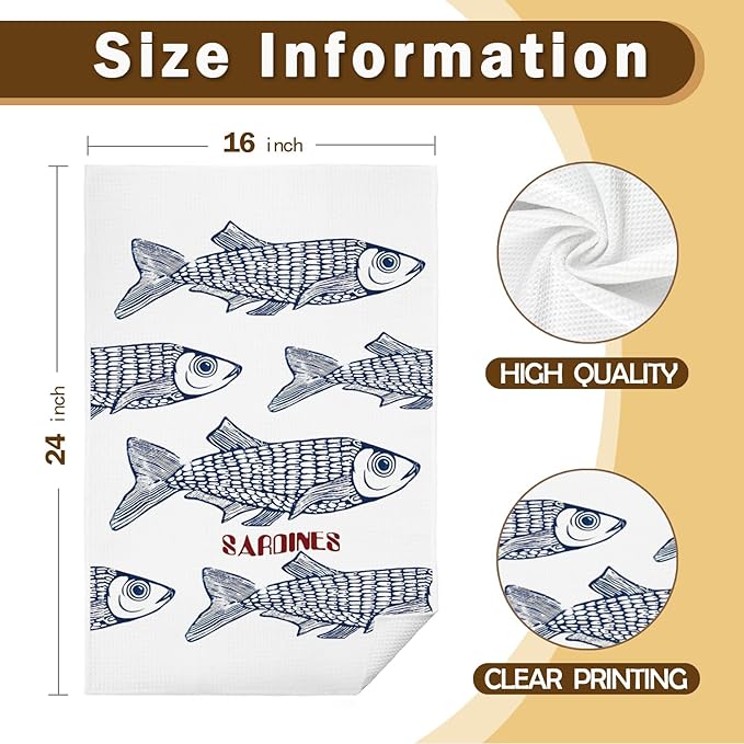 Sardine Fish Hand Towels, Sardine Decor Dish Tea Towels for Kitchen, Nautical Fishing Hand Towels for Bathroom, 16x24 Inch