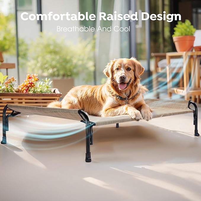 Veehoo Outdoor Elevated Dog Bed, Raised Dog Cot for Small Medium Dogs, Cooling Washable Waterproof Pet Hammock Beds with Slope Headrest, Breathable Mesh and Sturdy Frame, M, Beige Coffee, CWC2204
