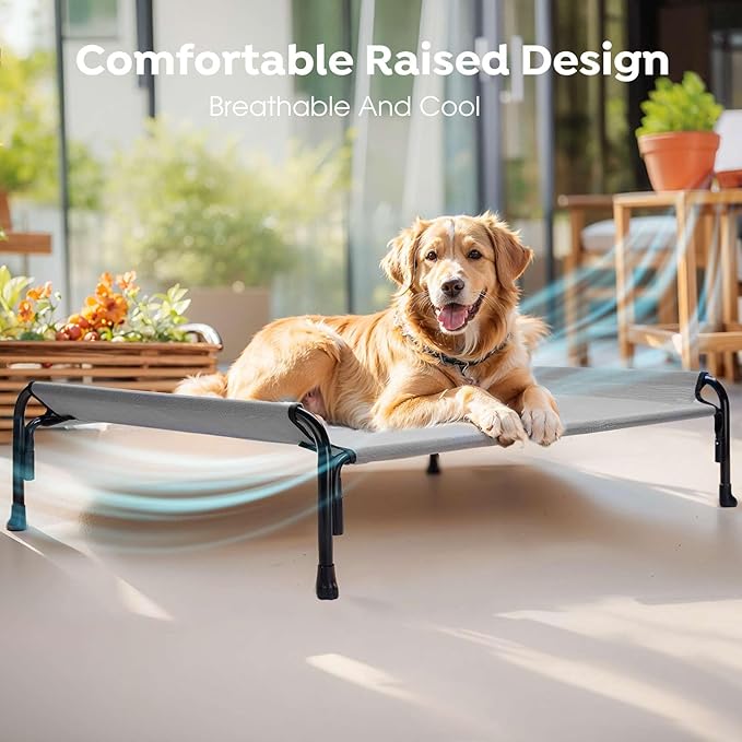 Veehoo XXL Outdoor Elevated Dog Bed, Raised Dog Cot for Extra Large Dogs, Cooling Washable Waterproof Pet Hammock Beds with Slope Headrest, Breathable Mesh and Sturdy Frame, XX-Large, Grey, CWC2204