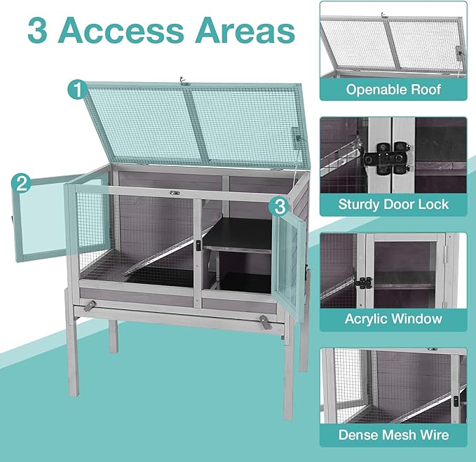 Guinea Pig Cage with Wooden Stand,Indoor Rabbit Hutch with 2 Stories,Hamster Cage with Anti Chew Ramp,Hideout, Platform, Pull Out Tray (Grey)