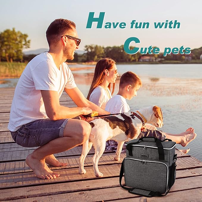 BAGLHER Dog Travel Bag, Pet Travel Bag (ALL Pet Travel Supplies), With 2 Pet Food Containers and 2 Collapsible Silicone Bowls; Essential Kits for Pet Travel Grey