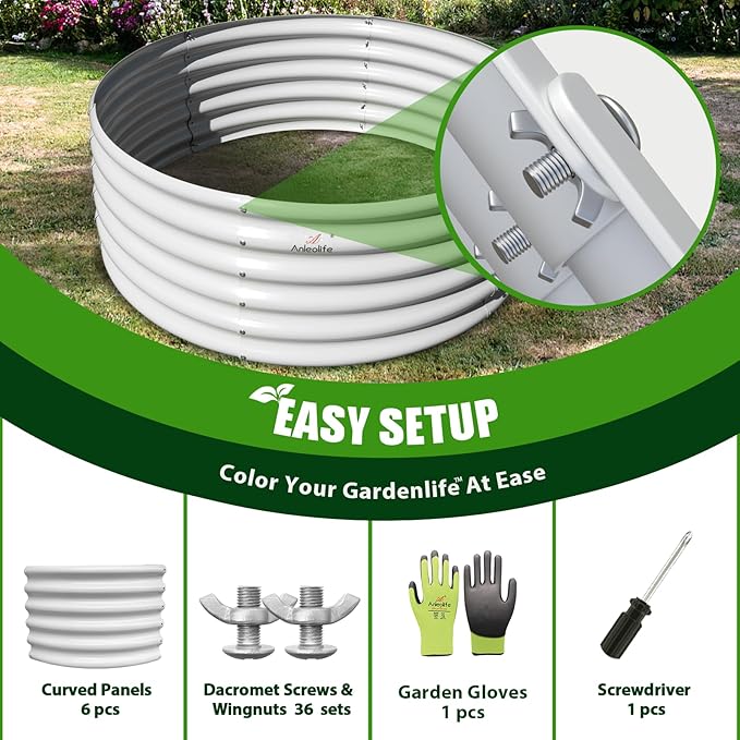 A ANLEOLIFE 2-Pack 4ft x 18” Tall Galvanized Raised Garden Beds Outdoor, Round Metal Planter Box for Planting Vegetables Flowers Herb, Anti-Rust & Easy-Setup, Antique White