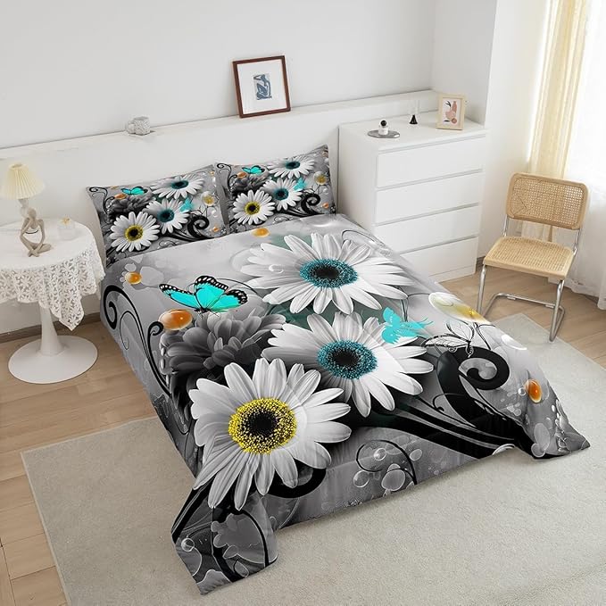 Rustic Daisy Quilt Set King,Farmhouse Floral Blue Butterfly Bedding Comforter Set for Kids Girls Teens Women King,Hippie Black Gray Marble Comforter,Pastoral Countryside Flower Quilted Duvet 3 Pcs