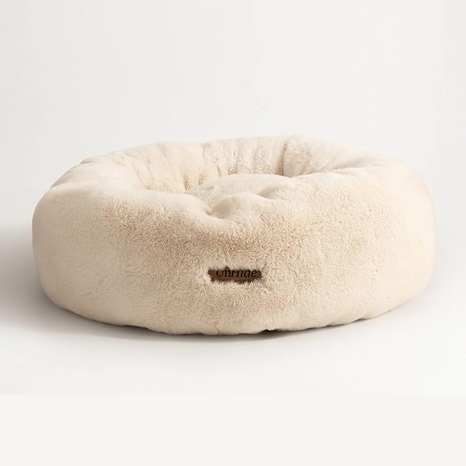 UnHide Floof Pet Bed - Large (35" x 12") - Extra Soft Dog Bed - Removable Faux Fur Cover - Machine Washable - Helps Ease Pet Anxiety & Provides The Perfect Sleep - Beige Bear