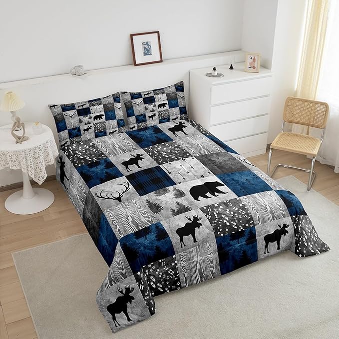 Rustic Bear Bedding Set King Size,Farmhouse Moose Elk Deer Comforter Sets Cabin Lodge Decor,Hunting Animal Quilt Set,Blue Grey Buffalo Plaid Check Patchwork Down Comforter with 2 Pillowcases