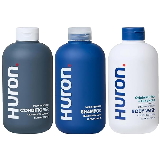 Huron Shower Kit - Shampoo, Conditioner, & Body Wash For Men - Citrus + Eucalyptus Scent - Hydrating & Nourishing Men's Shampoo & Conditioner