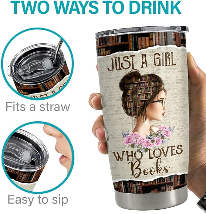 SANDJEST Book Lovers Tumbler Just A Girl Who Loves Books 20oz Tumblers with Lid Gift for Librarian Book Lover Women Readers Bookworm Christmas Holiday Birthday