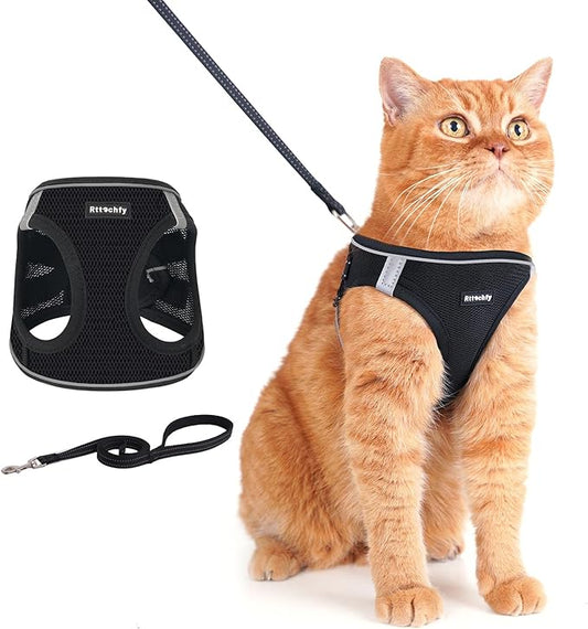 Rttochfy Cat Harness and Leash Set, Escape Proof Kitten Harness, Soft and Breathable Vest with Reflective Strip, Easy to Wear for Cats Walking and Traveling (Black, XXS)