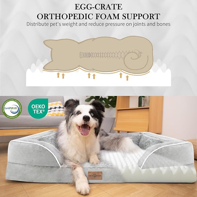 Comfort Expression XL Dog Beds Waterproof, Orthopedic Foam Dog Beds Large Sized, Bolster Dogs Beds Washable Pet Sofa with Removable Cover & Non-Slip Bottom(X-Large,Grey White)