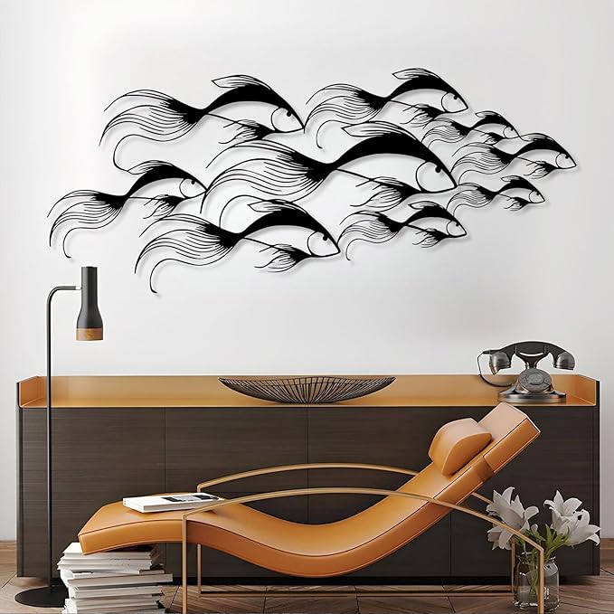 School of Fish Metal Wall Art, Metal Fish Wall Decor, Sea Life Wall Art, Large Nautical Wall Hanging, Modern Beach House Wall Decor, Ocean Themed Artwork for Bathroom (Black, 35"x15" | 90x38cm)