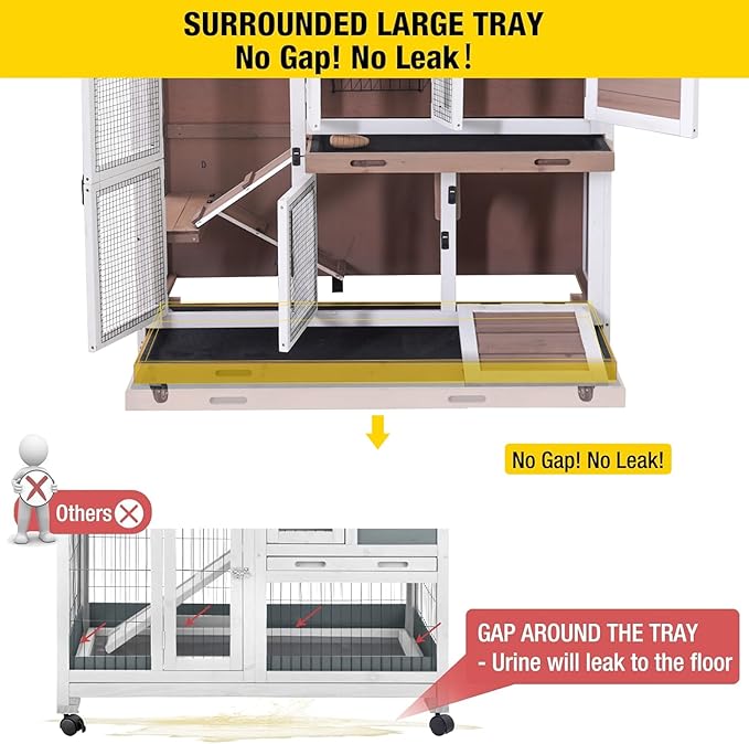 Aivituvin Rabbit Hutch Bunny Cage with Wheels Indoor Outdoor 47" Two Story Guinea Pig Cage with 2 Deep No Leak Tray