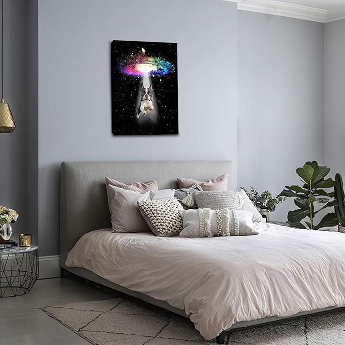 Funny Dog Wall Art Canvas Boston Terrier Wall Decor Prints Framed Painting Bulldog Galaxy Pictures Gifts Artwork for Bathroom 16"x24"