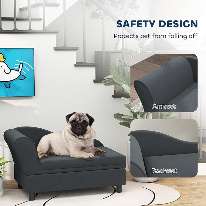 PawHut Luxury Fancy Dog Couch with Hidden Storage, Small Dog Sofa Bed with 2" Soft Foam, Modern Pet Furniture for Puppies & Little Breeds, Dark Gray