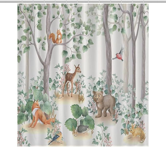 Rustic Woodland Shower Curtains for Bathroom Decor, Cute Cartoon Forest Wild Animal Bear Deer Fox Pattern Decor Print Bath Drapes Set with Hooks, Waterproof Fabric Windows Treatment, 66x72in