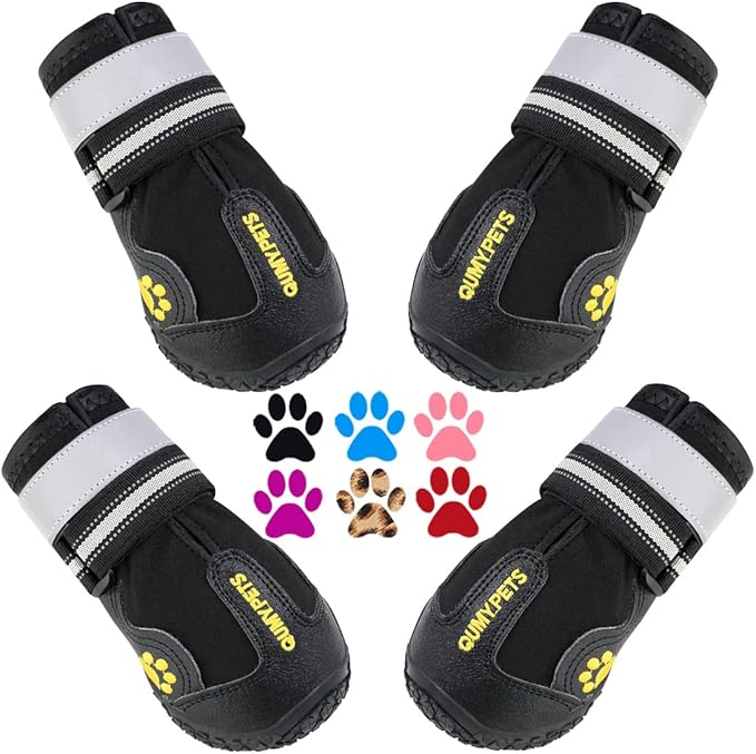 QUMY Dog Shoes for Large Dogs, Medium Dog Boots & Paw Protectors for Winter Snowy Day, Summer Hot Pavement, Waterproof in Rainy Weather, Outdoor Walking, Indoor Hardfloors Anti Slip Sole Black Size 1