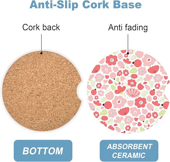 2 Pack Car Cup Holder Coaster, 2.63 inch Anti Slip Insert Absorbent Ceramic Coaster with Cork Base and Finger Notch, Cute Car Accessories Interior for Women