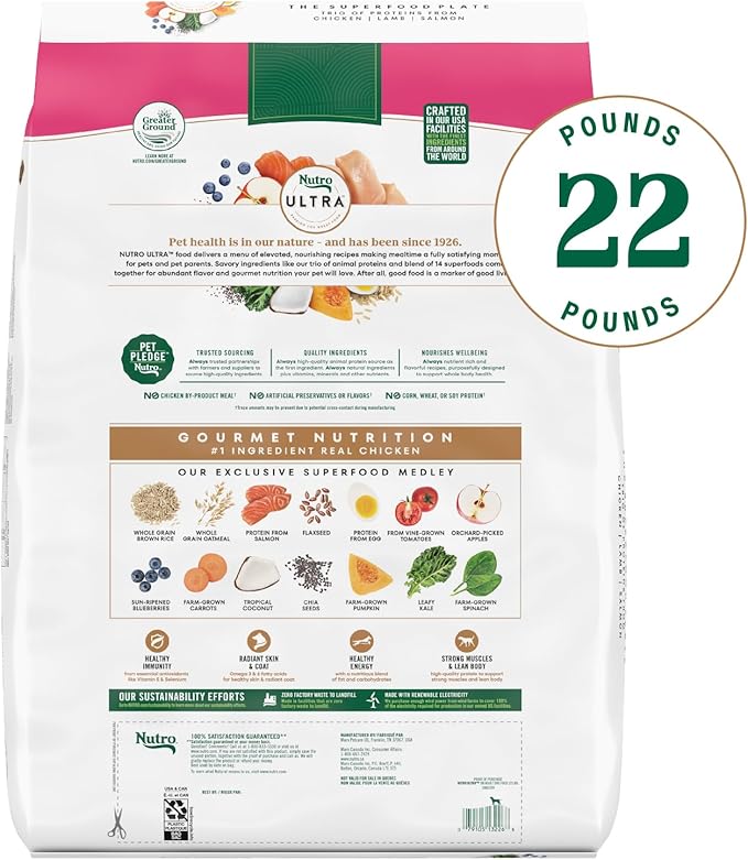 Nutro Ultra Adult Small Breed Dry Dog Food, Chicken, Lamb and Salmon Protein Trio, 22 lb Bag