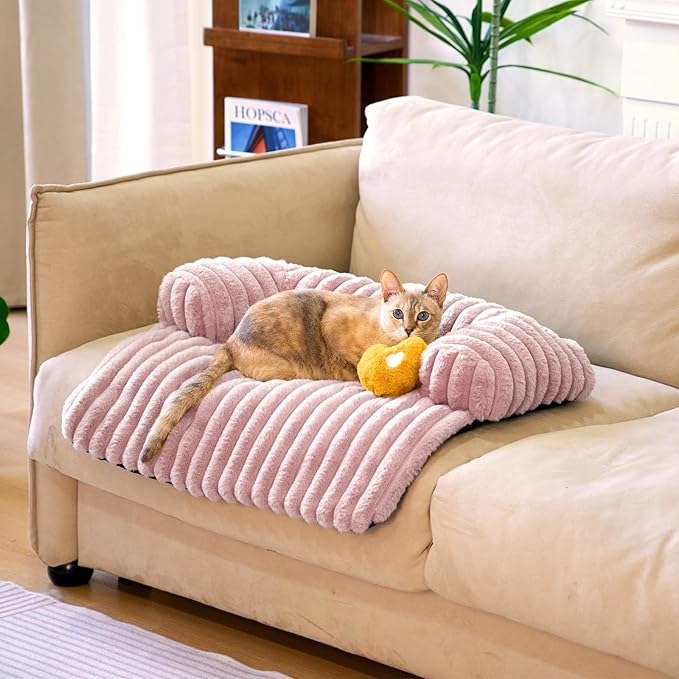 FUNNY FUZZY Pet Couch Cover for Sofa, Calming Dog Bed for Couch, Fluffy Plush Cat Bed Mat for Furniture Protector for Small Dogs and Kitten, 27×24 in, Pink
