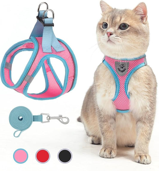 SCENEREAL Cat Harness and Leash Set Escape Proof, Adjustable Soft Air Mesh Kitten Harnesses for Girls Boys Small Medium Big Cats, Reflective Light Travel Pet Walking Vest for Puppy Rabbit, Pink XL