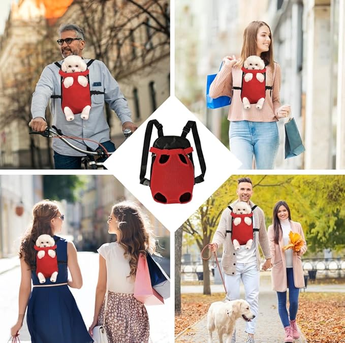 FEimaX Dog Carrier Backpack Pet Legs Out Front Cat Travel Bag, Adjustable Puppy Backpacks Carriers Hands-Free for Small Medium Dogs Cats Hiking Traveling Camping Daily Walking (Large, Red)